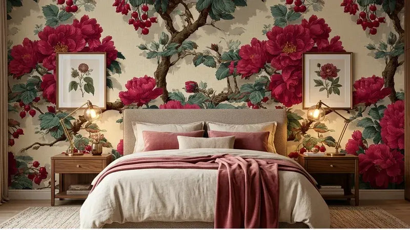 Rouleau déroulé de Papier Peint Toile de Jouy Rouge Fleuri révélant un motif répété de fleurs épanouies et de feuillages gracieux en rouge profond