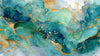 Papier peint aquarelle aux nuances de brume verte délicatement fondues, rehaussées d'éclats dorés lumineux sur fond texturé ivoire