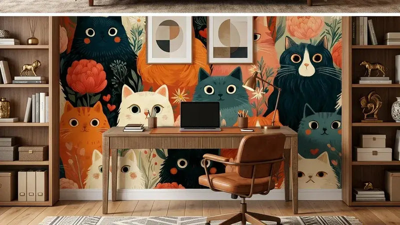 Échantillon déroulé du Papier Peint Chat Floral Vintage Bohème sur une table en bois brut, mettant en valeur le motif répétitif alliant botanique romantique et félins dessinés à la plume façon vintage