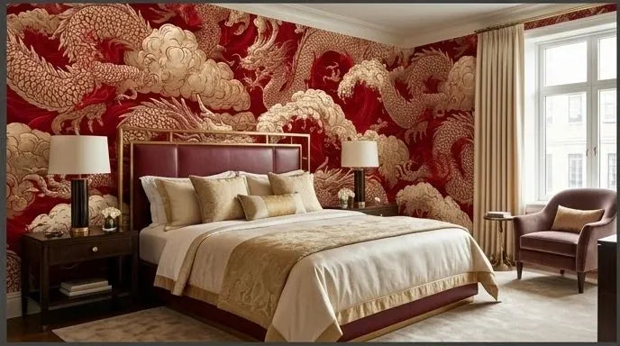 Vue panoramique d'un Papier Peint Japonais Dragon Rouge et Or représentant un dragon impérial aux griffes recourbées traversant un ciel nocturne parsemé d'étoiles et de nuages dorés en style traditionnel ukiyo-e