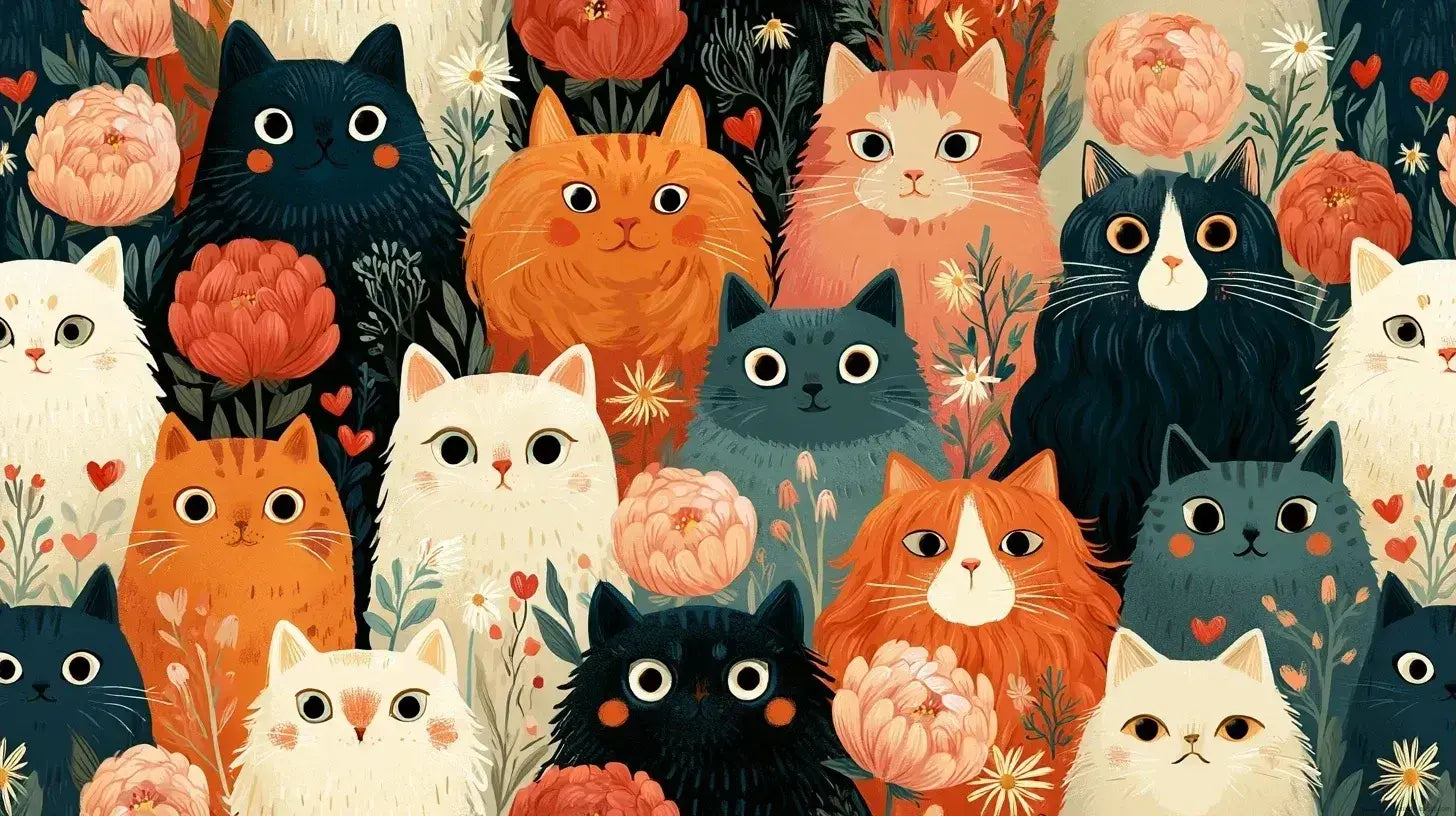 Rouleau de Papier Peint Chat Floral Vintage Bohème aux tons chauds ocre et terracotta, orné de délicats motifs floraux et de silhouettes de chats mystérieux entourés de feuillages tropicaux luxuriants