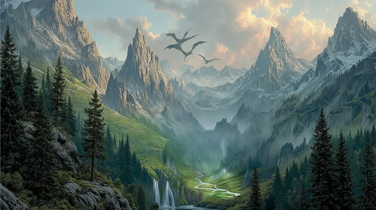 Papier Peint Panoramique Dragon Vert et Montagnes Enneigées représentant un majestueux dragon émeraude aux écailles brillantes survolant des sommets enneigés enveloppés de brume mystérieuse
