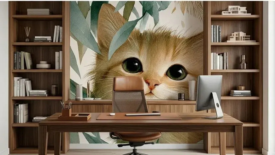 Vue panoramique d'un salon orné d'un Papier Peint Chat Aquarelle et Feuillage Poétique mettant en scène plusieurs silhouettes de chats gracieux parmi un feuillage aquarellé aux tons chauds