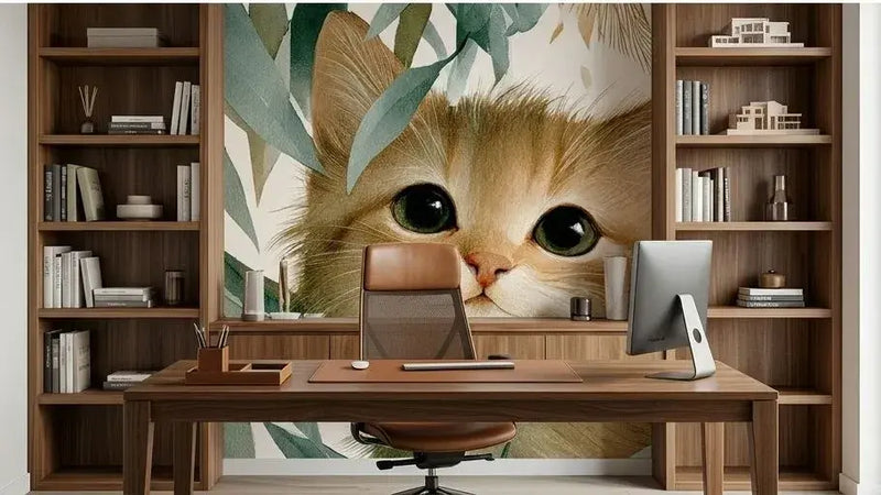 Vue panoramique d'un salon orné d'un Papier Peint Chat Aquarelle et Feuillage Poétique mettant en scène plusieurs silhouettes de chats gracieux parmi un feuillage aquarellé aux tons chauds