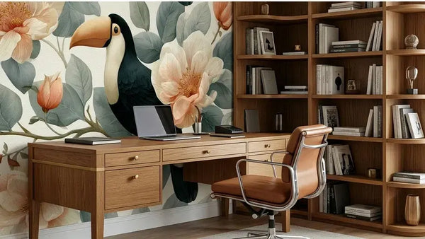 Échantillon texturé du Papier Peint Toucan Poétique aux Feuilles Vertes et Dorées tenu à la main, mettant en valeur la qualité premium de l'impression, la richesse des teintes vertes profondes et les dorures délicates sur chaque feuille
