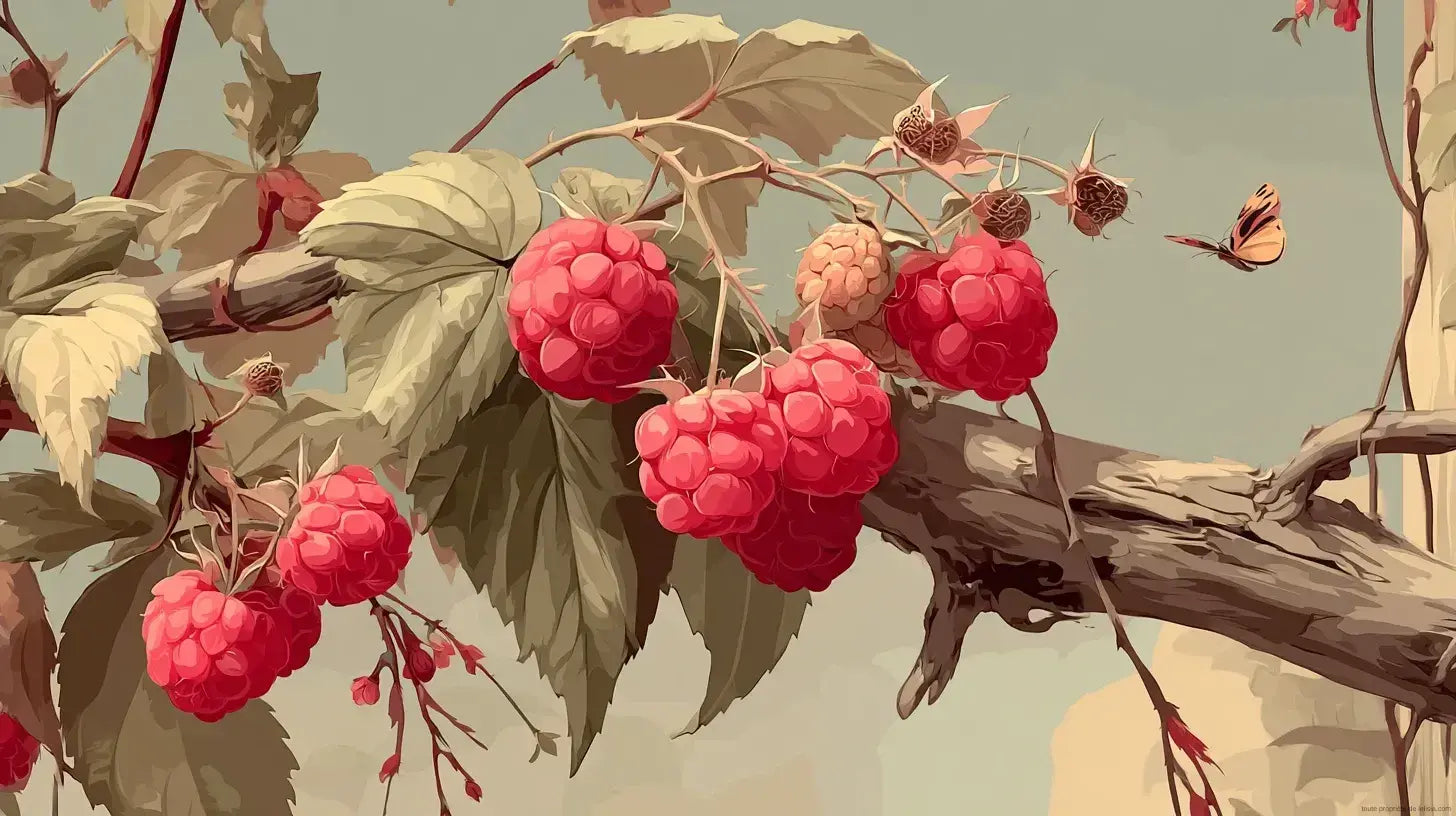 Rouleau de Papier Peint Rouge Framboise Champêtre aux motifs floraux délicats sur fond crème, évoquant une atmosphère bucolique et chaleureuse