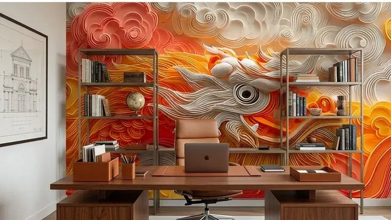 Chambre enfant ornée d'un papier peint dragon japonais orange nuages blancs affichant un dragon bienveillant aux yeux expressifs et aux ornements dorés flottant parmi des nuages blancs duveteux sur fond orange