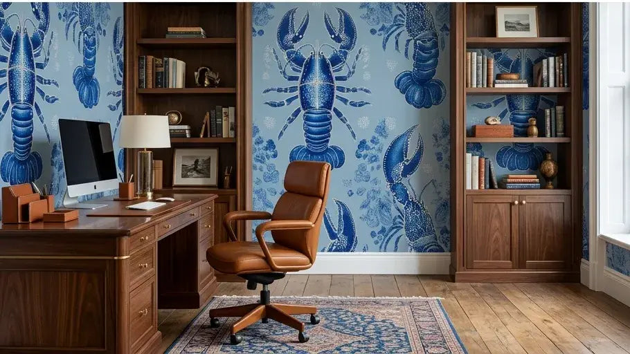 Vue panoramique d'un salon décoré avec un papier peint homard bleu à rayures marines, ambiance côtière chic et estivale