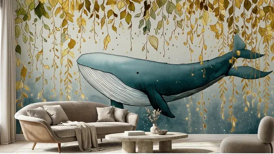 Vue rapprochée du Papier Peint Baleine Bleue sous Feuillage Délicat mettant en valeur les détails fins des feuilles entrelacées autour d'une baleine bleue lumineuse aux reflets aquatiques profonds