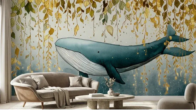 Vue rapprochée du Papier Peint Baleine Bleue sous Feuillage Délicat mettant en valeur les détails fins des feuilles entrelacées autour d'une baleine bleue lumineuse aux reflets aquatiques profonds
