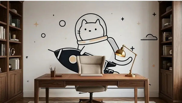 Chambre d'enfant ornée d'un papier peint chat astronaute et fusée dans l'espace illustrant une aventure galactique avec un chat intrépide, des anneaux de Saturne et des nébuleuses multicolores