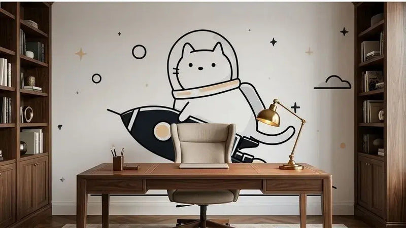 Chambre d'enfant ornée d'un papier peint chat astronaute et fusée dans l'espace illustrant une aventure galactique avec un chat intrépide, des anneaux de Saturne et des nébuleuses multicolores