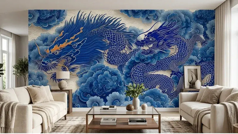 Vue rapprochée du Papier Peint Dragon Chinois Bleu et Blanc révélant des écailles et des flammes somptueusement illustrées dans des nuances de bleu cobalt et indigo