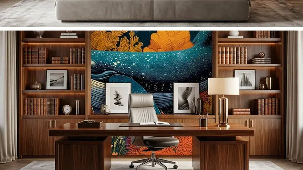 Vue panoramique d'un Papier Peint Baleine Illustration Sous Marine Corail illustrant une palette de bleus profonds et de coraux éclatants, avec une baleine imposante évoluant entre des anémones et des branches de corail rose pâle