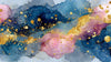 Papier peint aquarelle aux teintes blush et indigo avec de délicats éclats d'or dispersés sur fond ivoire nacré