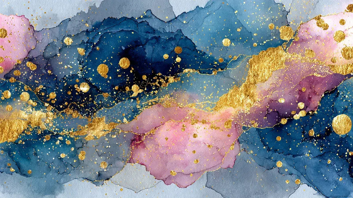 Papier peint aquarelle aux teintes blush et indigo avec de délicats éclats d'or dispersés sur fond ivoire nacré