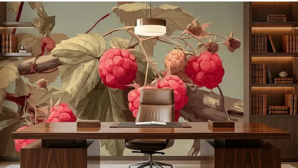 Chambre cosy habillée d'un Papier Peint Rouge Framboise Champêtre aux illustrations botaniques vintage, créant une ambiance romantique et apaisante