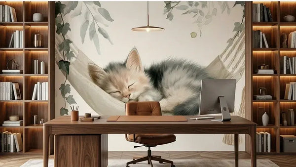 Ambiance cosy et poétique du papier peint chat mignon dormant dans un hamac illustrant un chaton gris perle au sourire serein se prélassant dans un hamac bohème sous une lumière dorée de coucher de soleil
