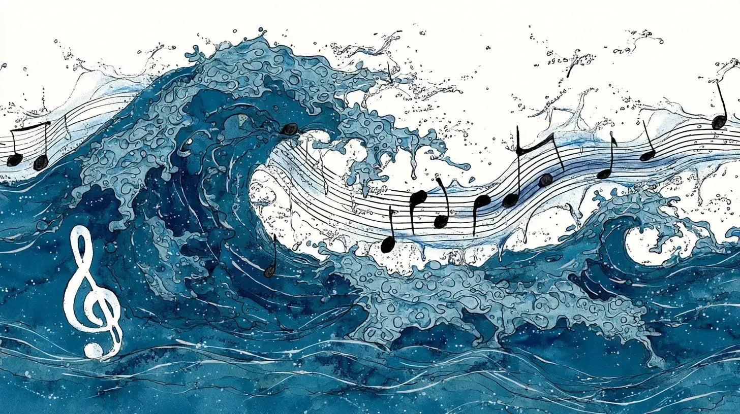Papier Peint Musique Aquarelle Vague de Notes Bleues représentant un flot de notes de musique ondulantes dans des nuances de bleu profond et d'indigo sur fond blanc lumineux