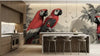Rouleau de papier peint panoramique perroquet fond noir adapté en jungle beige chaleureux, illustrant des perroquets rouges aux ailes déployées entourés de feuilles tropicales géantes et de lianes entrelacées