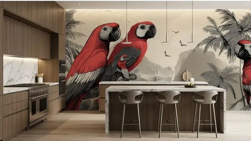 Rouleau de papier peint panoramique perroquet fond noir adapté en jungle beige chaleureux, illustrant des perroquets rouges aux ailes déployées entourés de feuilles tropicales géantes et de lianes entrelacées