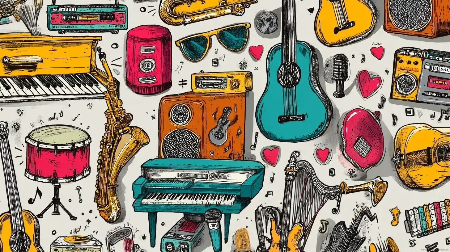 Papier Peint Musique Motif Doodle Retro et Instruments avec guitares, trompettes et notes musicales dessinées à la main sur fond crème vintage