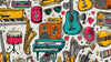 Papier Peint Musique Motif Doodle Retro et Instruments avec guitares, trompettes et notes musicales dessinées à la main sur fond crème vintage