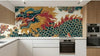 Pose élégante d'un Papier Peint Dragon Chinois Artisanal déployé sur un mur en pierre ancienne, révélant un dragon serpentant parmi les nuages stylisés