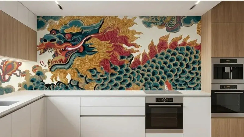 Pose élégante d'un Papier Peint Dragon Chinois Artisanal déployé sur un mur en pierre ancienne, révélant un dragon serpentant parmi les nuages stylisés