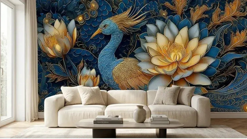 Gros plan sur les détails minutieux du Papier Peint Dragon Bleu et Or aux Fleurs de Lotus révélant des pétales de lotus en relief aux reflets dorés et les griffes acérées du dragon en camaïeu de bleu