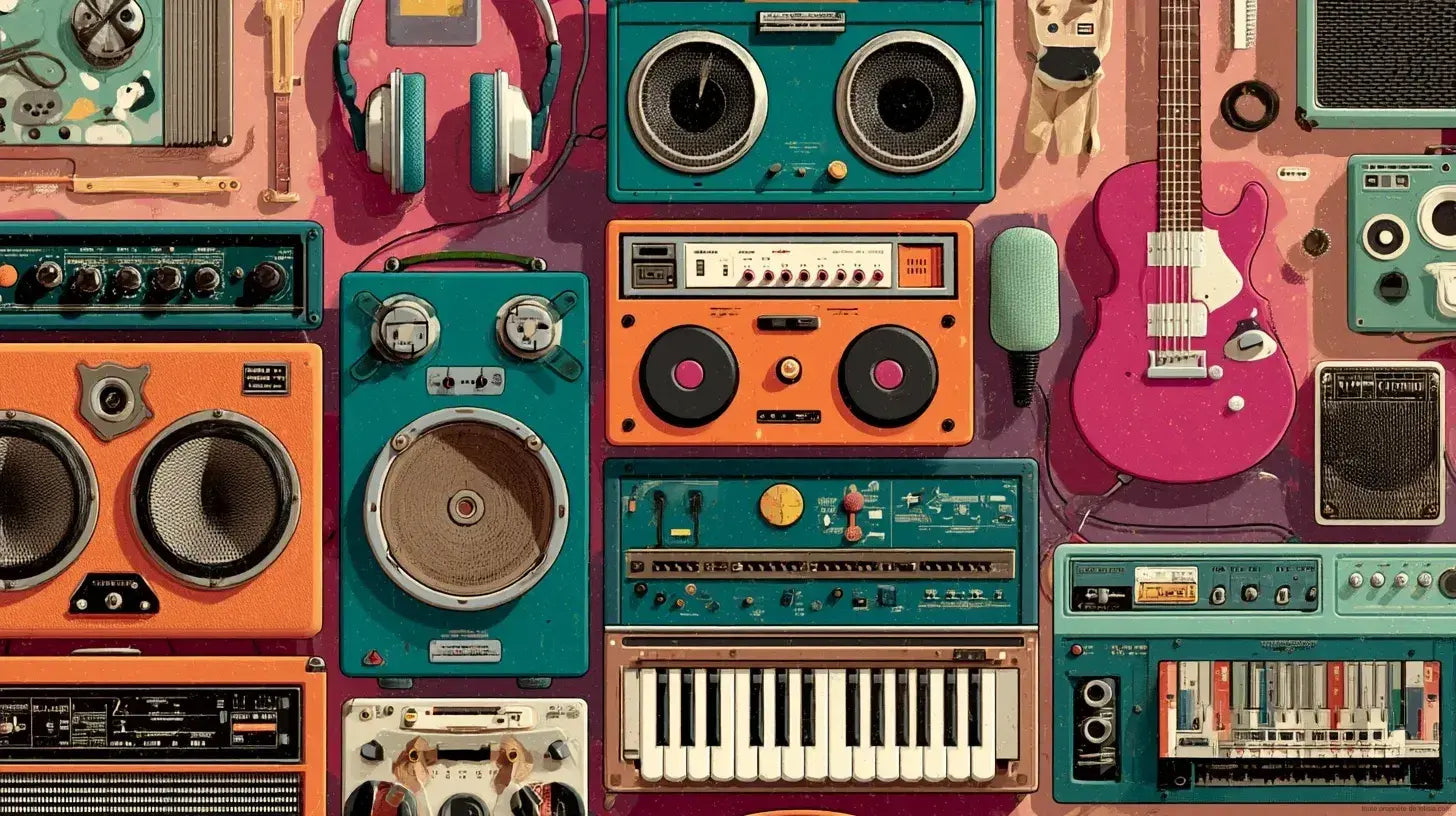 Papier peint instruments de musique vintage beige orné de guitares, trompettes et violons aux tons crème et dorés, idéal pour une décoration murale élégante et nostalgique