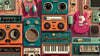 Papier peint instruments de musique vintage beige orné de guitares, trompettes et violons aux tons crème et dorés, idéal pour une décoration murale élégante et nostalgique