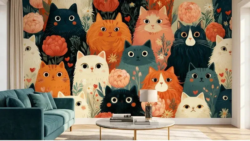 Gros plan sur le motif du Papier Peint Chat Floral Vintage Bohème révélant des roses épanouies en aquarelle, des pivoines pastel et des chats élégants au regard envoûtant sur fond ivoire crème