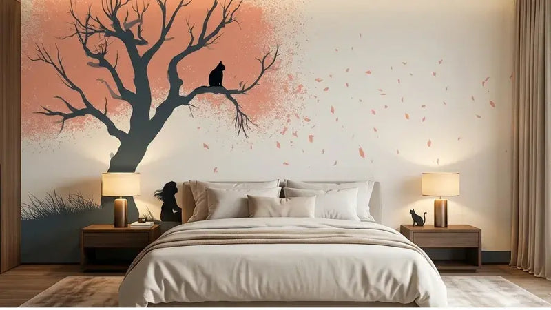 Détail artistique d'un papier peint chambre enfant chat et arbre mettant en scène un joyeux chat rayé grimpant le long d'un tronc noueux tandis que des oiseaux s'envolent entre les branches feuillagées