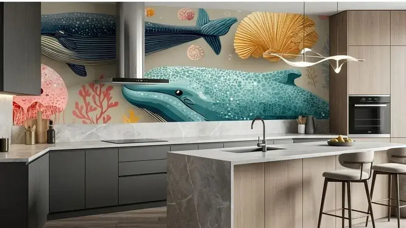 Gros plan sur le motif détaillé du Papier Peint Baleine et Animaux Marins Enfant affichant une baleine souriante plongeant parmi des hippocampes, crabes et bulles d'eau dans un style cartoon enchanteur