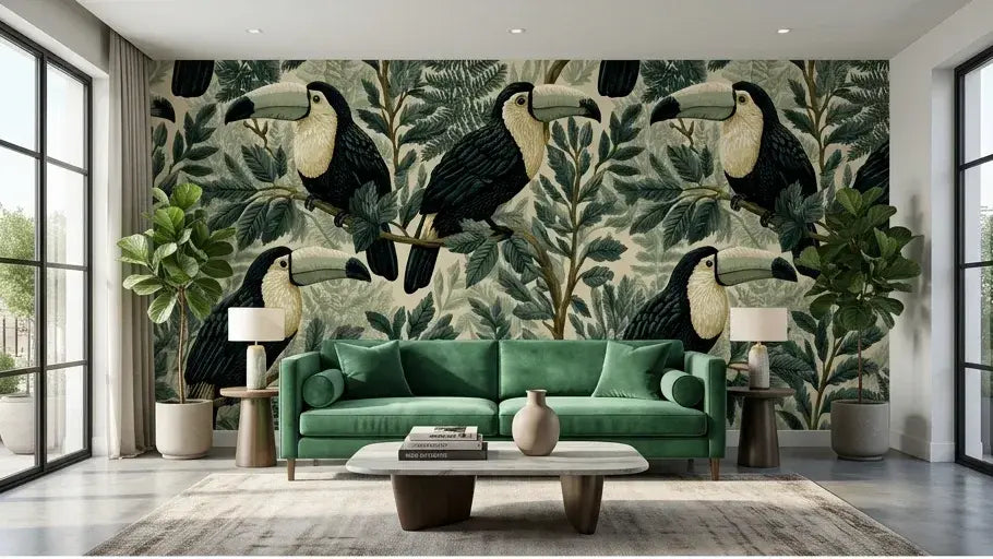 Gros plan d'un Papier Peint Toucan et Feuillage Sauvage Vintage révélant des détails minutieux de plumage noir et orange vif du toucan entouré de fougères et de palmiers stylisés aux contours dorés
