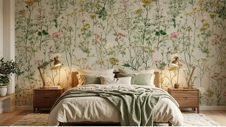 Chambre décorée avec le papier peint vert Alexa aux fleurs sauvages créant une atmosphère champêtre fraîche et élégante sur les murs