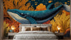 Papier Peint Baleine Illustration Sous Marine Corail installé sur un mur blanc de chambre moderne, révélant une fresque immersive d'une baleine à bosse plongeant au cœur d'un récif corallien foisonnant de vie marine
