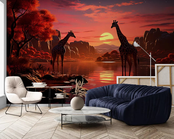 Papier peint Papier peint girafe coucher de soleil chaudes et dramatique