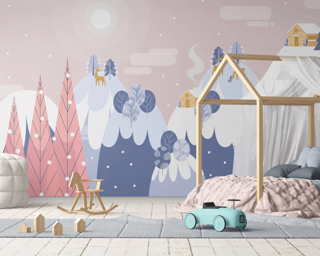 Papier peint Papier peint enfant géométrique montagnes enneigées aux formes scandinave,