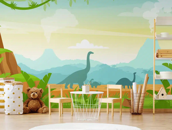 Papier peint Papier peint enfant montagnes et dinosaures douces, avec enfantin