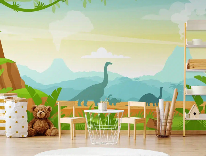Papier peint Papier peint enfant montagnes et dinosaures douces, avec enfantin