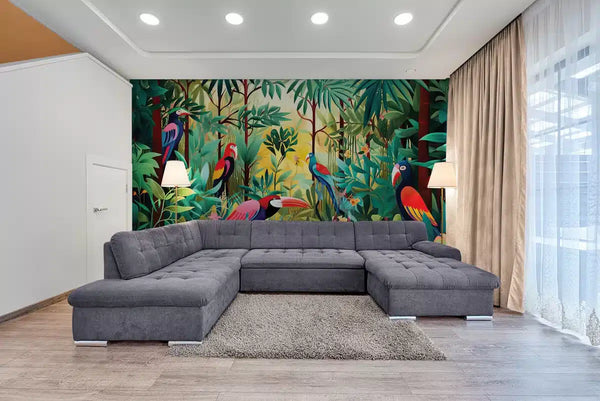 Papier peint Papier peint jungle verdoyante et oiseaux luxuriant de vibrant