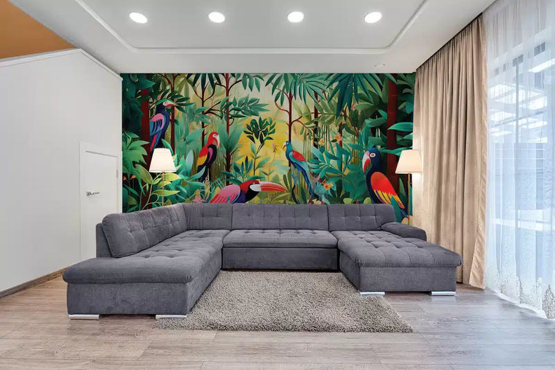 Papier peint Papier peint jungle verdoyante et oiseaux luxuriant de vibrant