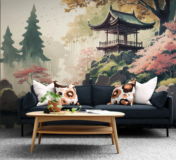 Papier peint Papier peint japonais étang et temple dans la forêt apaisantes créent zen