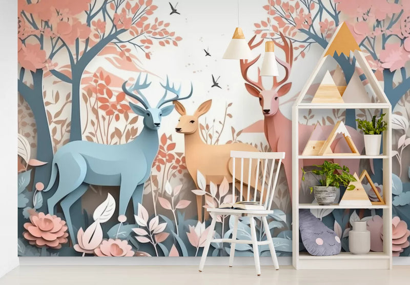 Papier peint Papier peint enfant floral biche et cerf enchanteur de scandinave,