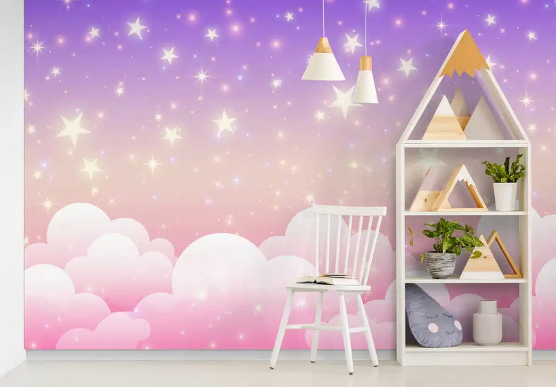 Papier peint Papier peint enfant nuages roses et étoiles aux dégradés douces