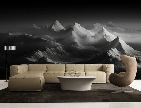 Papier peint Papier peint noir et blanc chaine de montagnes aux formes majestueuse