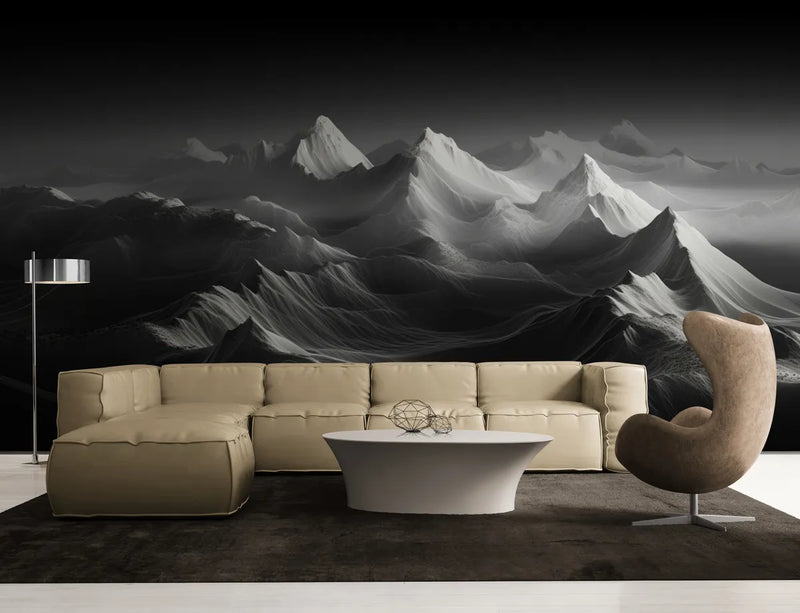 Papier peint Papier peint noir et blanc chaine de montagnes aux formes majestueuse