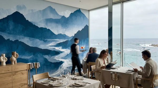 Papier peint montagnes abstraites bleu dans un restaurant en bord de mer